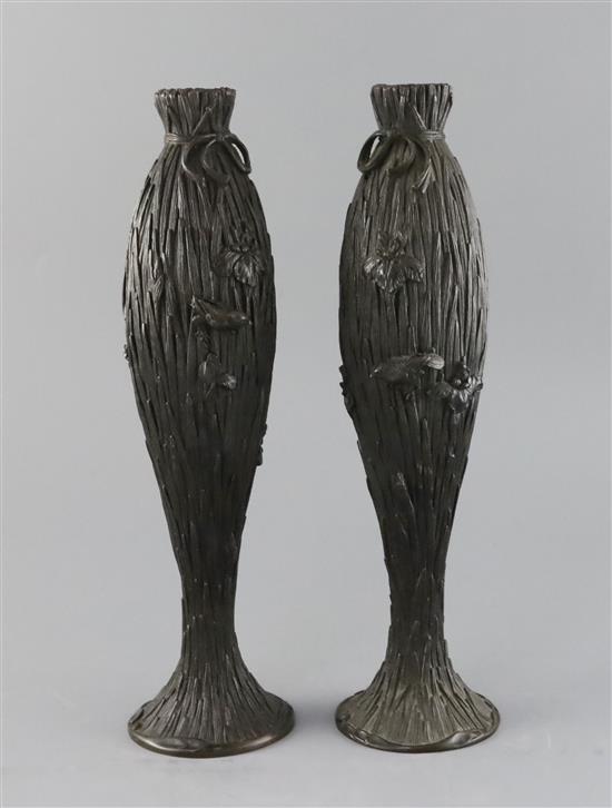 A pair of Japanese bronze vases, Meiji period, H. 33cm
